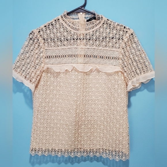 Zara Crochet Blush Pink High Neck Top. Ruffle Detail Front Lined Sz S. - Picture 2 of 9